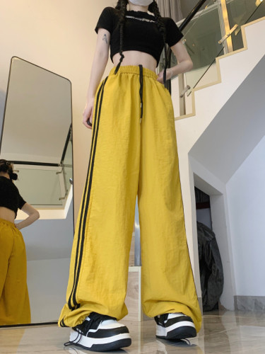 Real shot of summer ice silk quick-drying drawstring striped sports casual pants for women high-waisted straight loose wide-leg pants long pants