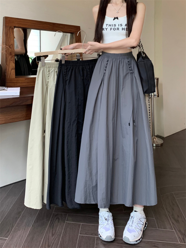 High-waist slimming elastic waist lace-up skirt for women covering the flesh and slimming A-line long skirt