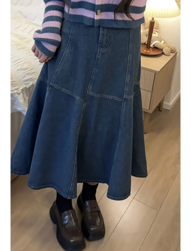 Slightly fat plus size retro high-waisted denim half-length fishtail skirt