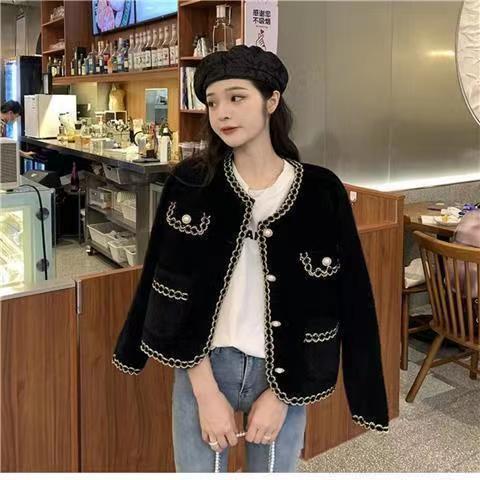 Xiaoxiangfeng imitation mink velvet jacket for women in autumn and winter Korean style famous lady French short knitted sweater cardigan for women