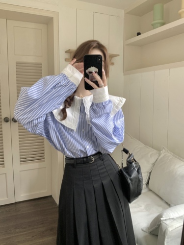 New large size shirt doll collar striped fat MM design slim shirt for women