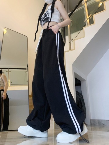 Real shot of summer ice silk quick-drying drawstring striped sports casual pants for women high-waisted straight loose wide-leg pants long pants