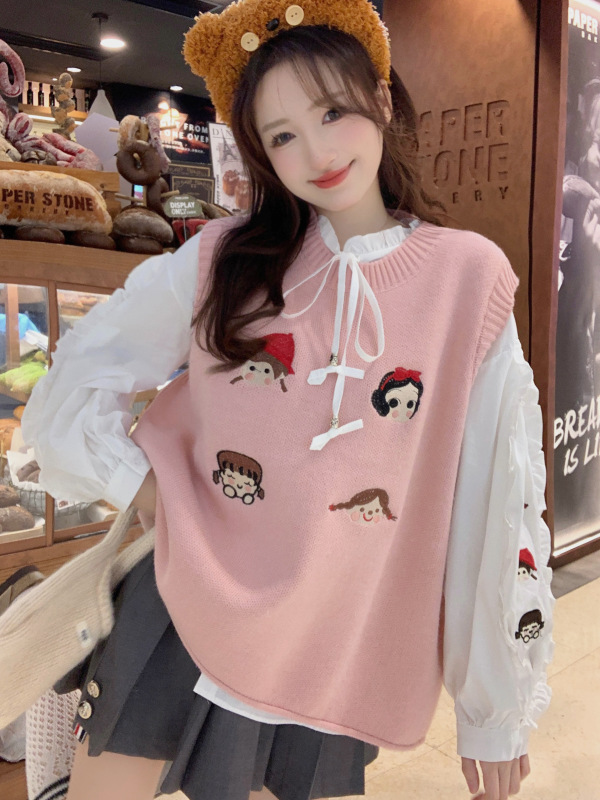 Large size heavy-duty embroidered puff sleeves stand-up collar shirt + round neck embroidered knitted vest two-piece set