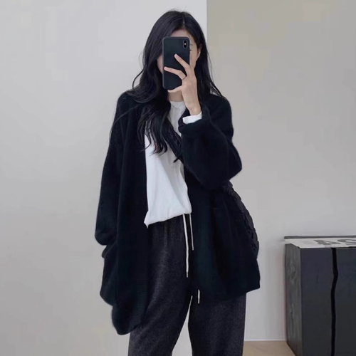 Lazy style gray sweater cardigan jacket for women autumn and winter  new high-end loose knitted top outer wear