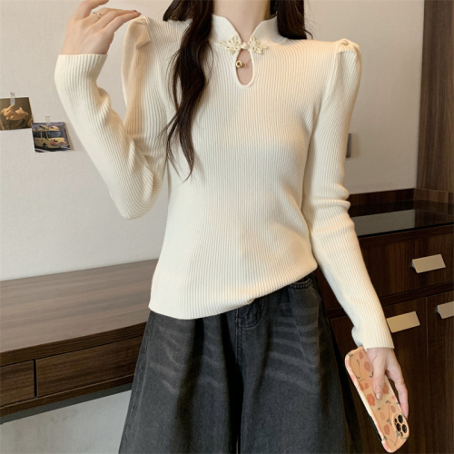 Large size stand collar puff long sleeve knitted bottoming shirt for women new Chinese style plate button hollow improved cheongsam top