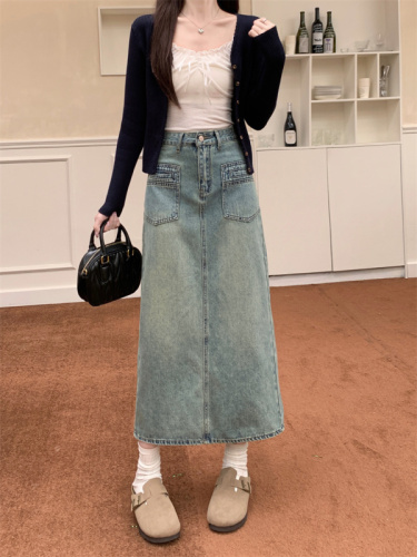 Mid-length skirt women's 2024 new high-waist slimming A-line slit denim skirt