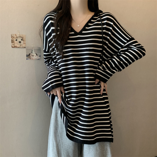 Large size v-neck striped sweater for women in autumn slimming loose lazy style hooded mid-length bottoming top