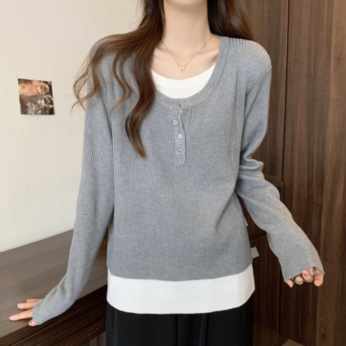 Large size knitted top women's autumn new style fat mm loose slimming belly cover fake two-piece long-sleeved bottoming shirt trendy