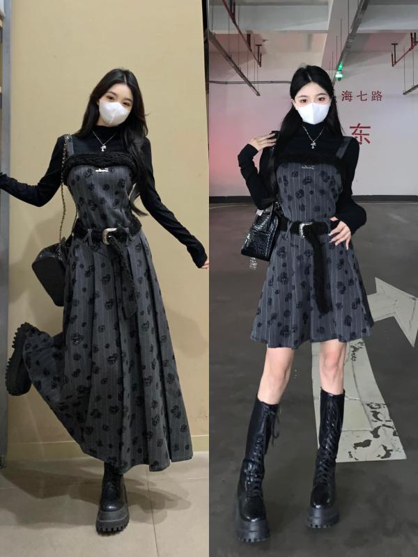 New sweet and cool high-waist suspender pleated embroidered autumn and winter dress + bottoming two-piece set
