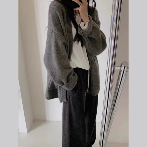 Lazy style gray sweater cardigan jacket for women autumn and winter  new high-end loose knitted top outer wear