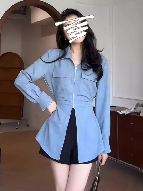 Plus size women's temperament waist-covering belly shirt early autumn new fat mm chic slimming long-sleeved shirt top