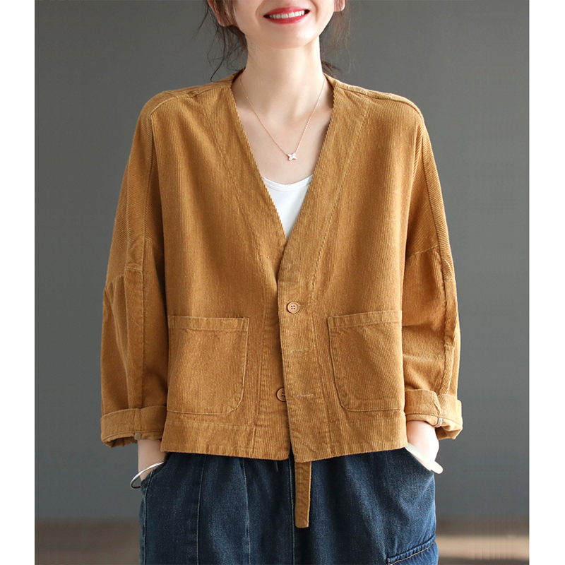 Autumn new retro large size corduroy short jacket for women autumn new casual versatile bat long-sleeved cardigan top