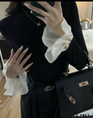 Autumn and winter new versatile design half turtleneck ruffled sleeves slimming bottoming velvet top