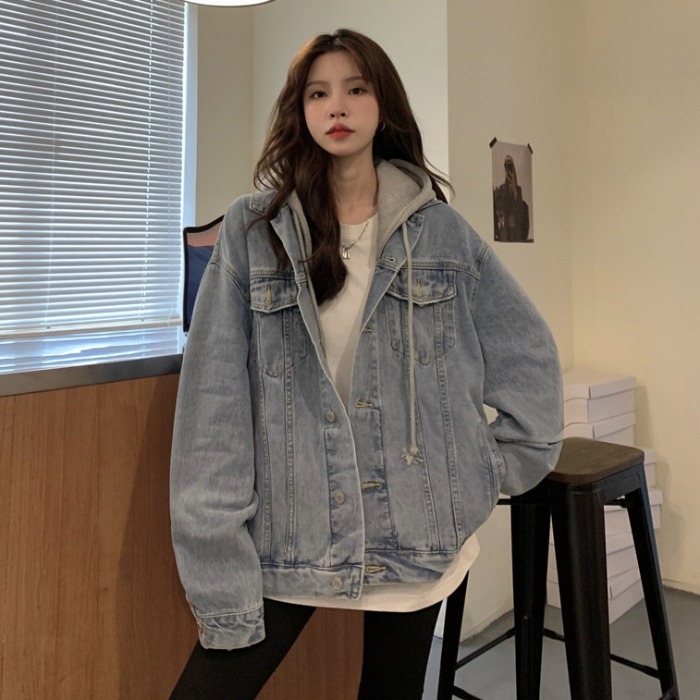 Hooded denim jacket for women new autumn style light color Korean style loose casual top trendy