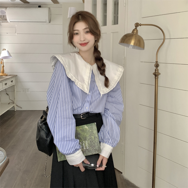New large size shirt doll collar striped fat MM design slim shirt for women