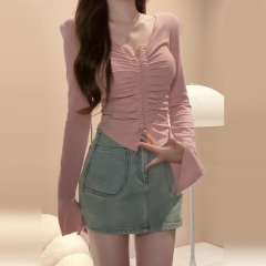 Sexy hot girl short inner bottoming shirt slim top for women 2024 new chic long-sleeved right shoulder T-shirt