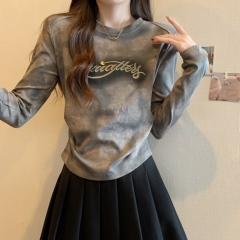 Fat MM new design heavy letter tie-dye pleated slim slim T-shirt long-sleeved retro top