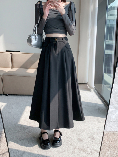 2024 High Waist A-Line Long Skirt Black Suit Skirt Women's Spring New Slimming Large Swing Umbrella Skirt