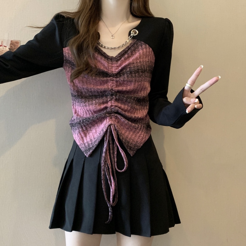 Plus size fat MM autumn new contrasting color splicing long-sleeved T-shirt age-reducing irregular slimming top