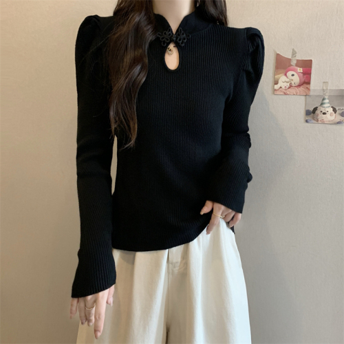 Large size stand collar puff long sleeve knitted bottoming shirt for women new Chinese style plate button hollow improved cheongsam top