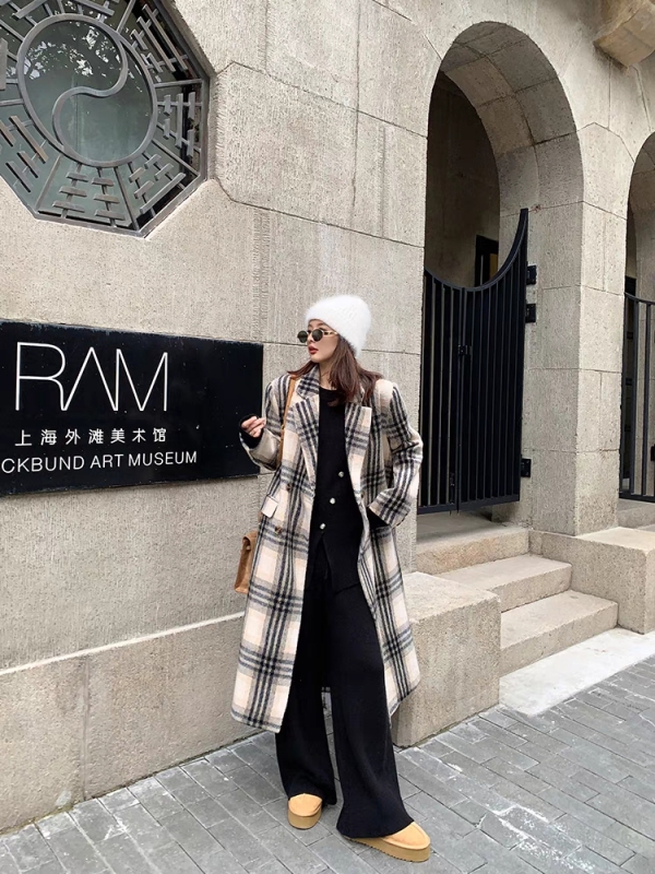 Plus size women's heavy industry plaid royal sister woolen coat fat sister mm autumn and winter retro slim coat for women