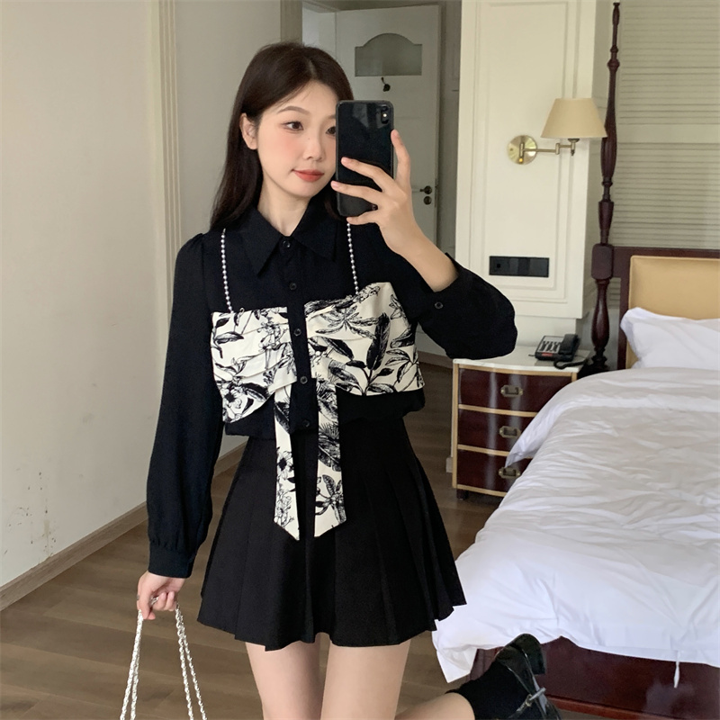Large size bow long-sleeved shirt for women in early autumn, slimming and age-reducing design for fat mm, niche casual tops