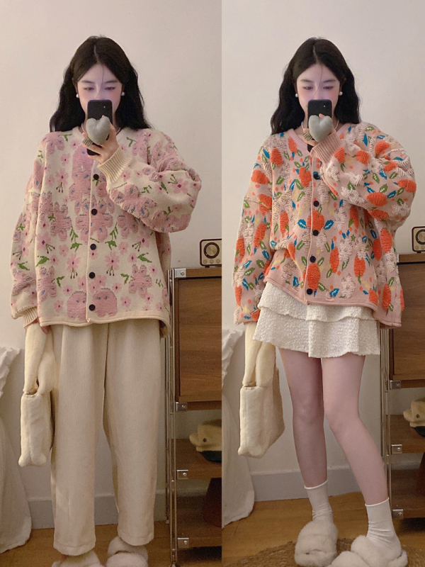 Large size sweater autumn and winter new style sweet three-dimensional flower design soft waxy sweater jacket
