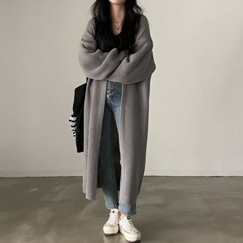 Large size autumn and winter warm Korean style loose knitted long cardigan women's versatile sweater jacket