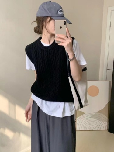 Twist sleeveless sweater vest women's round neck autumn and winter new loose retro layered pullover