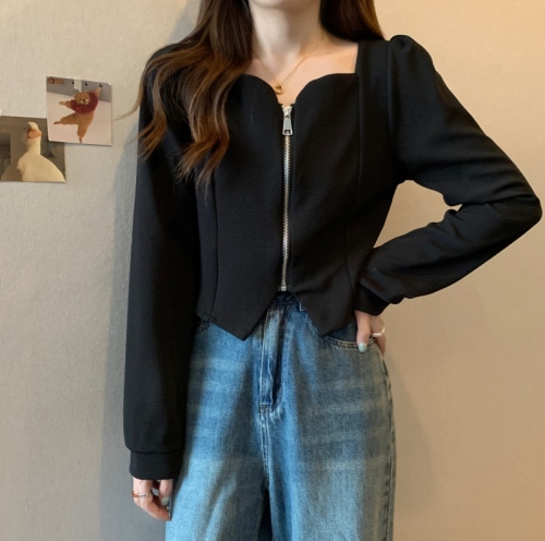 Women's spring new large size square collar top with irregular inner black long-sleeved T-shirt cardigan