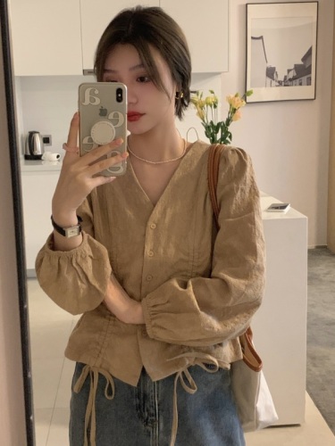 Spring and autumn long-sleeved shirt women's design niche new French style chic V-neck short top