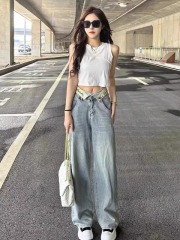 Retro cuffed light-colored jeans for women new high-waisted loose slimming straight wide-leg floor-length pants ins
