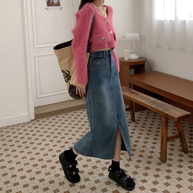 Large size new Korean style high waist loose slit straight versatile student simple half denim skirt trendy