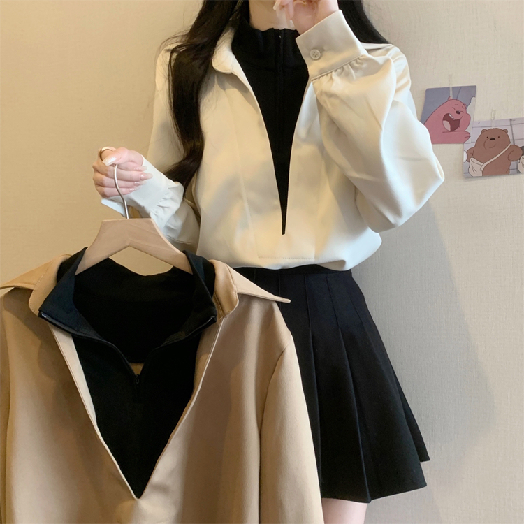 Large size French fake two-piece high-end autumn and winter temperament chic slimming thickened brushed shirt