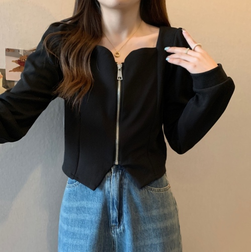 Women's spring new large size square collar top with irregular inner black long-sleeved T-shirt cardigan