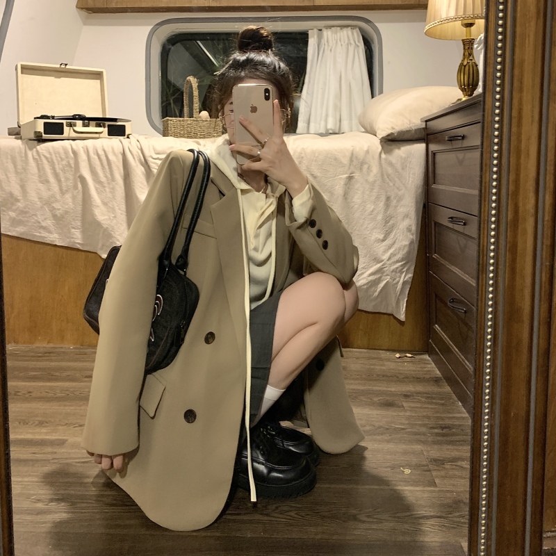 Large size temperament long-sleeved suit jacket women's new design double-breasted loose mid-length suit top