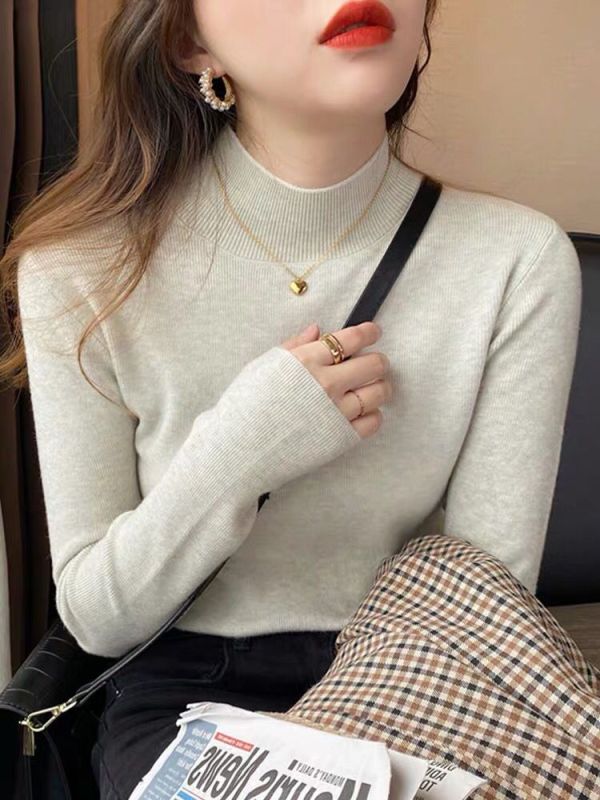Half turtleneck wool sweater for women in autumn and winter, soft and waxy bottoming shirt, white long-sleeved inner layer, western style and gentle autumn top