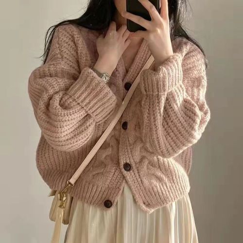 Korean chic autumn and winter retro lazy style age-reducing casual twist pattern loose versatile sweater cardigan short coat for women