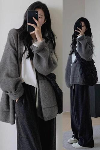 Lazy style gray sweater cardigan jacket for women autumn and winter  new high-end loose knitted top outer wear