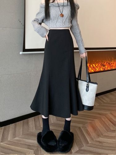 New high-waisted slimming spliced ​​fishtail mid-length large hem A-line skirt woolen skirt for women