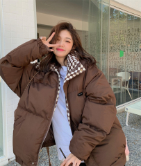 Korean style loose design checkerboard patchwork fake two-piece thickened bread coat and cotton-padded jacket