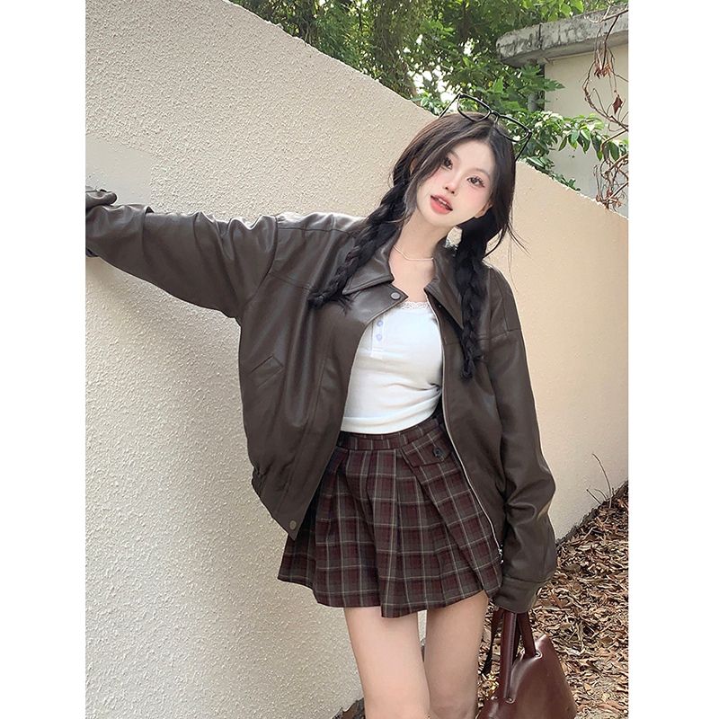 2024 autumn and winter new style American retro fashion temperament high-end PU leather jacket off-shoulder coat for women