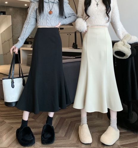 New high-waisted slimming spliced ​​fishtail mid-length large hem A-line skirt woolen skirt for women