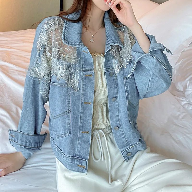 European Spring and Autumn New Style Stitched Beaded Diamond Mesh Loose Slim Denim Jacket for Women