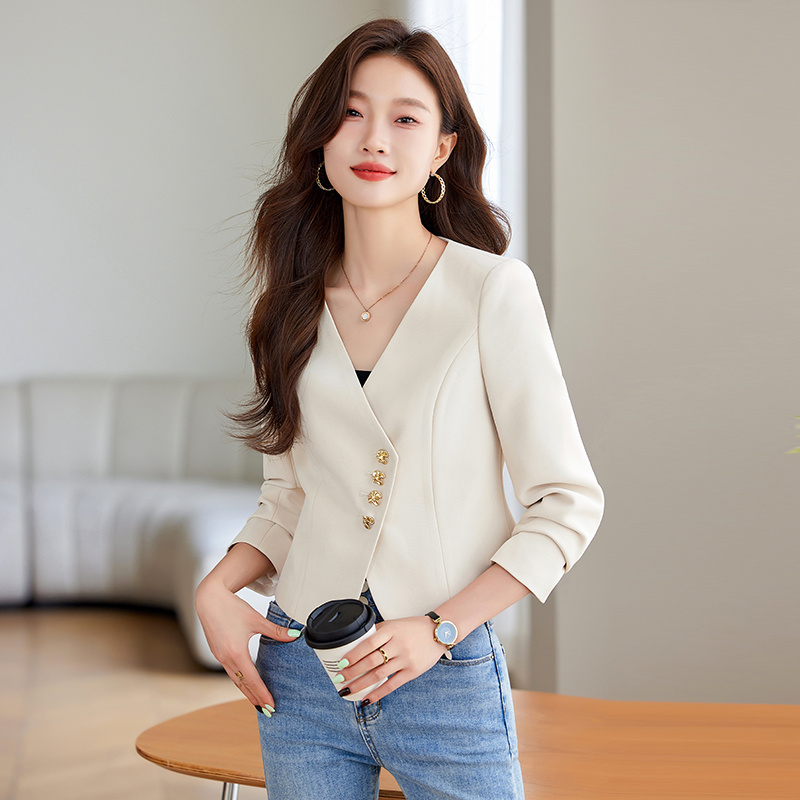 High-end single-breasted ladylike coat for women's autumn new style chic design small fragrance V-neck long-sleeved top