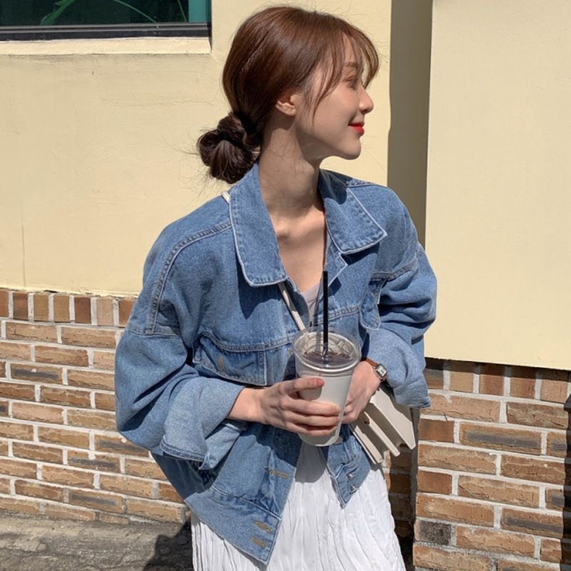 Korean ins new autumn clothing pocket decorated denim jacket loose style