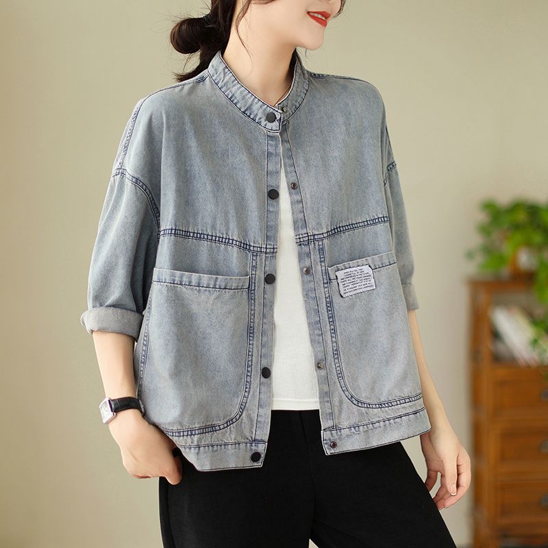 Autumn New Denim Short Jacket Women's Korean Style Washed Old Workwear Style Label Retro Small Stand Collar Jacket