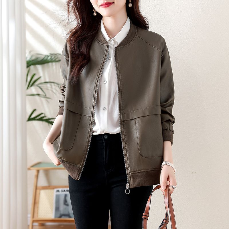 Leather jacket women's short jacket 2024 spring and autumn new loose fashion baseball uniform round neck leather jacket