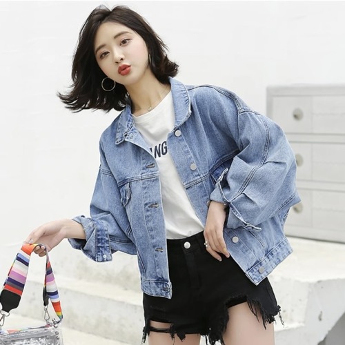 Spring Korean style new bat sleeve denim jacket women's short denim jacket loose versatile top denim jacket trend