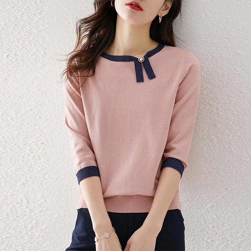 New Spring Clothing Contrast Color Silver Onion Design Asymmetric Niche Knitwear Three Quarter Sleeve Pullover Women